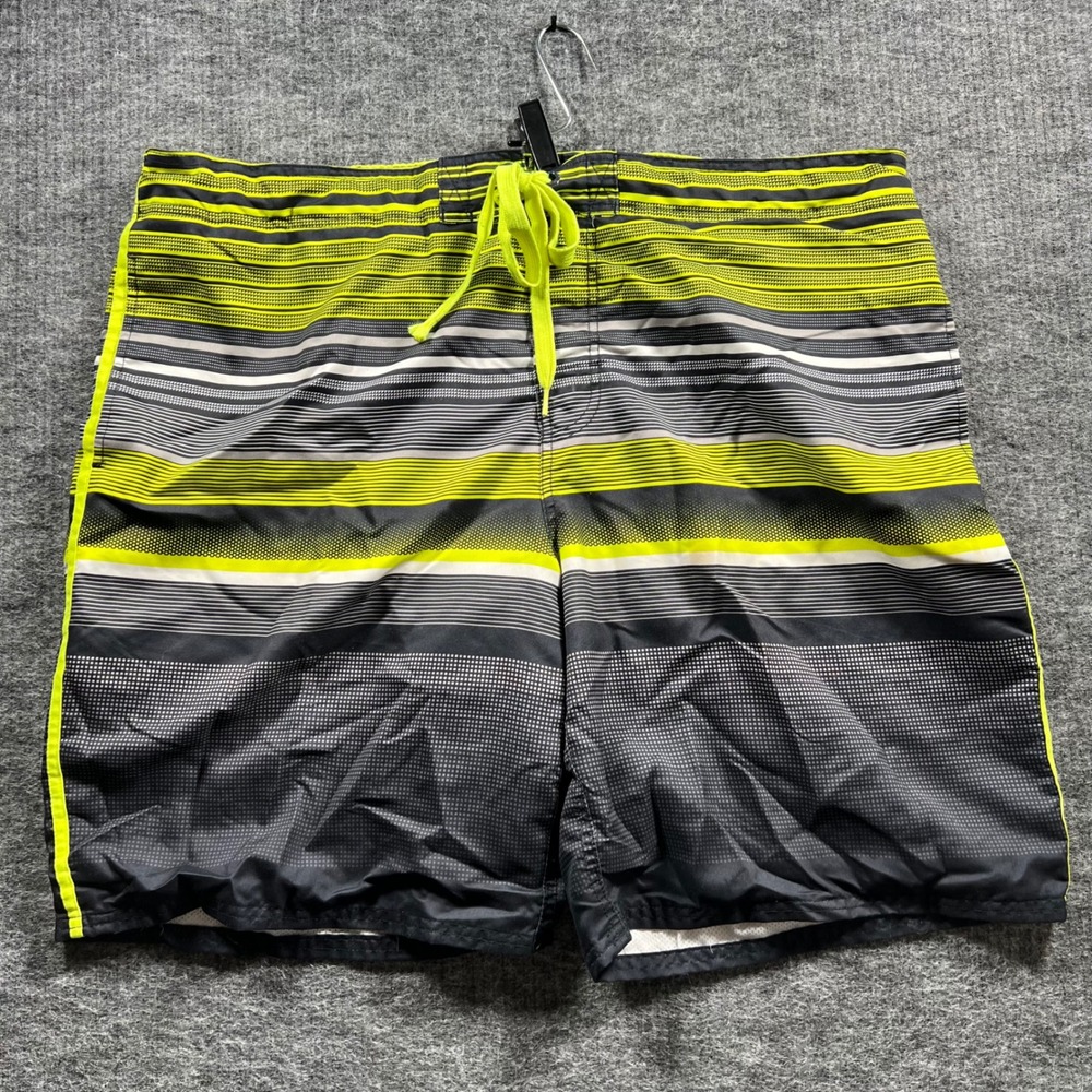 OP Ocean Pacific Mens XL Swim Trunks Board Shorts Neon Yellow Grey Striped